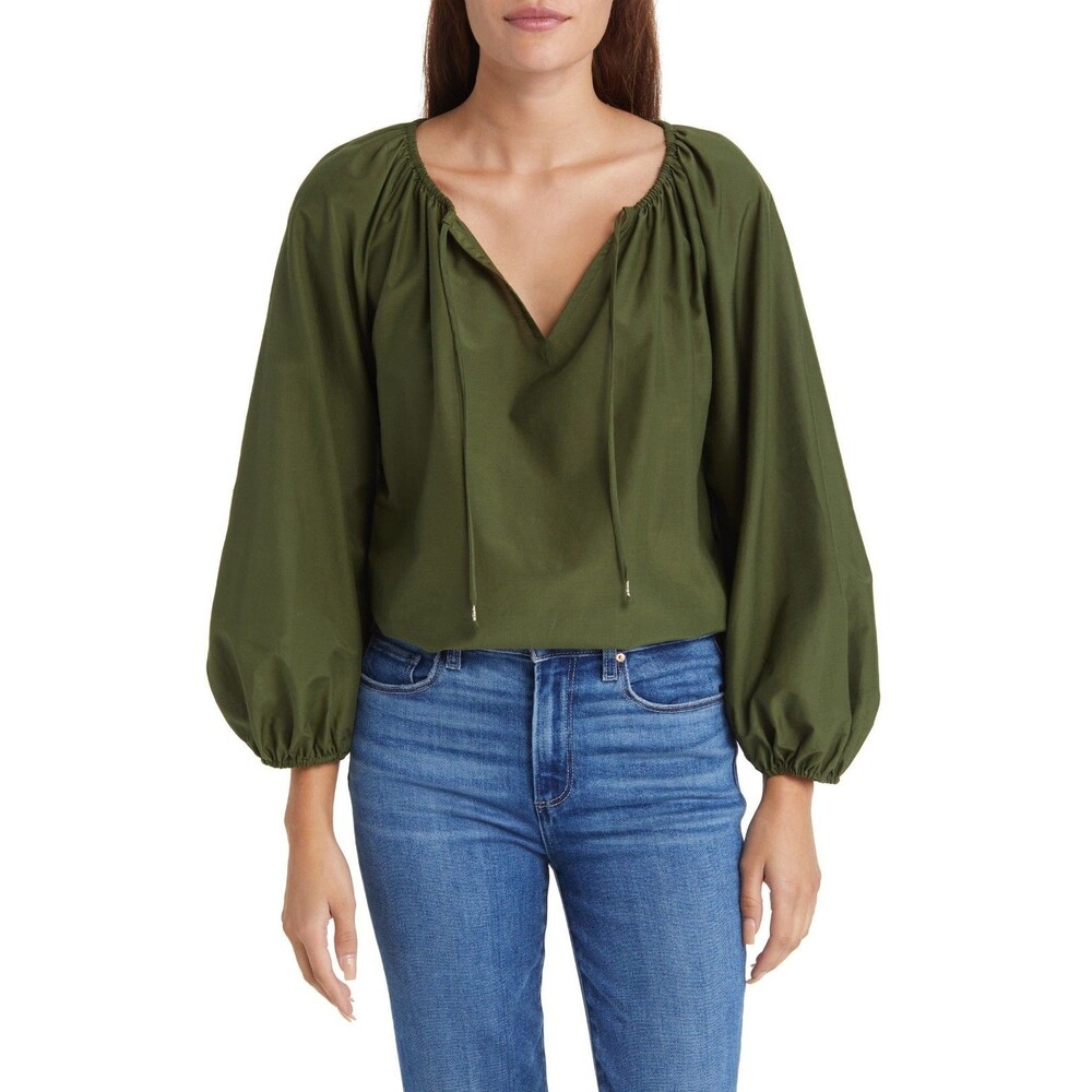 Tommy Bahama Agua Amara Cotton Silk Peasant Top Olive Green Sz L NWT